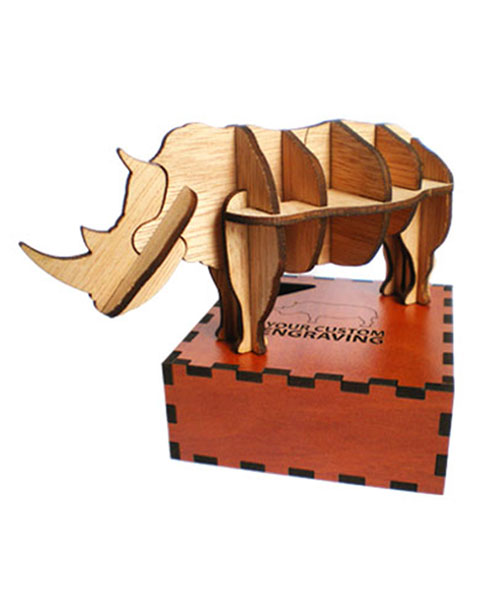 3D puzzle of a rhino on a custom engraved base.