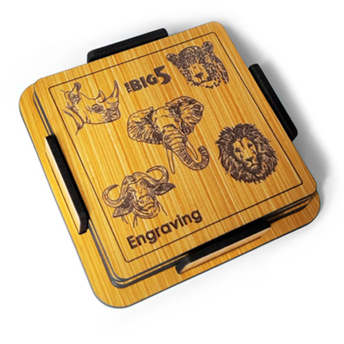 Light wood coaster set featuring all Big 5 animals – engraved safari drinkware with holder