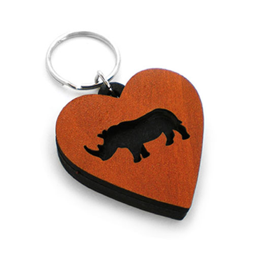 Heart-shaped wooden rhino keyring with engraved silhouette – handcrafted curio product