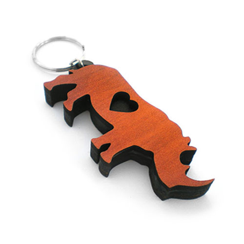 Custom wooden keyring with rhino heart cutout – handcrafted by local product manufacturer for wholesalers and events