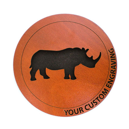 Minimalist wooden coaster with black rhino engraving – rustic custom drinkware for everyday use