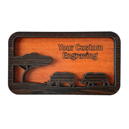 Framed wooden fridge magnet with engraved African wildlife – custom curio decor