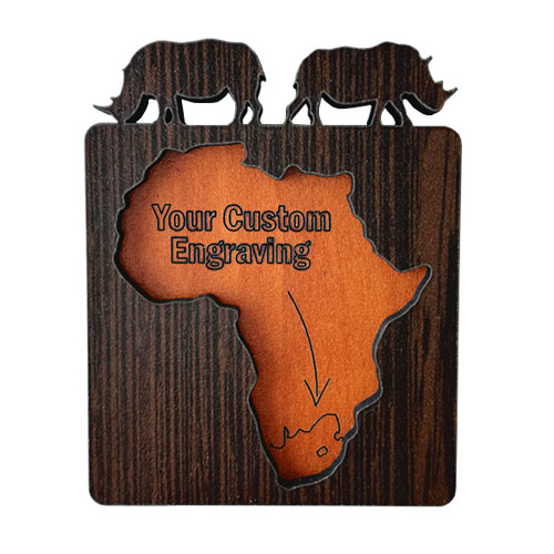 Custom fridge magnet shaped like Africa with rhino silhouettes – wholesale curio product
